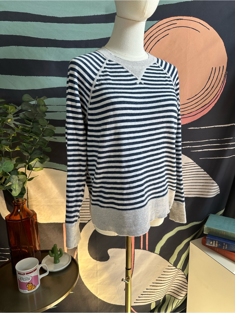 L.L. Bean Navy and White Striped Crewneck Sweater 100% organic cotton size small